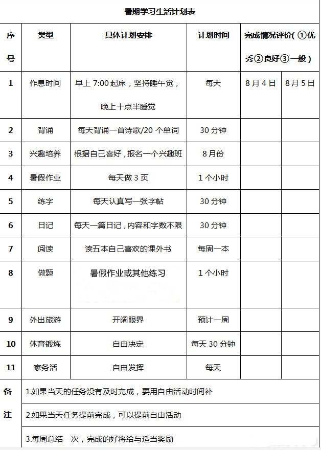 小学五年级暑假计划表模板,小学五年级暑假作息时间表