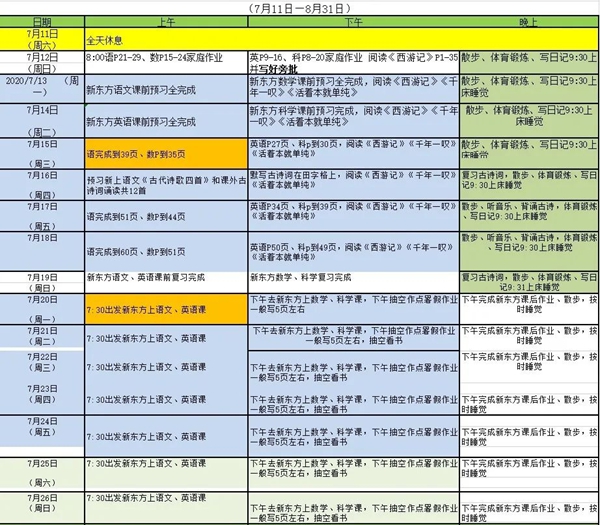 初一暑假学习计划表,七年级暑假怎么安排