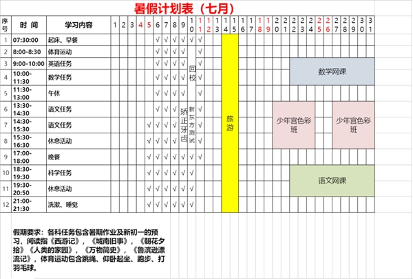 初一暑假学习计划表,七年级暑假怎么安排